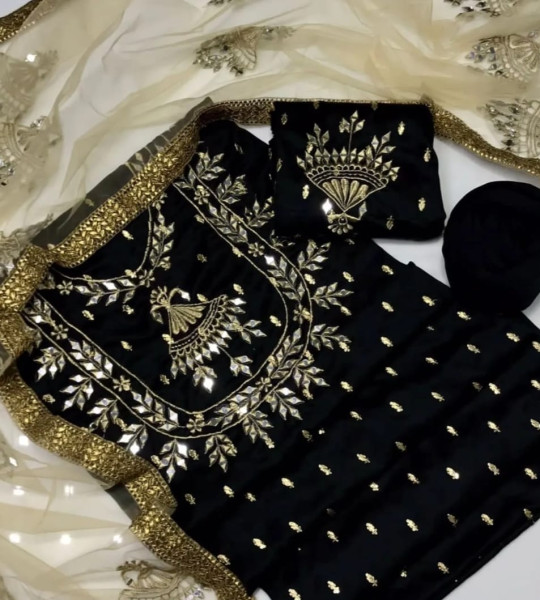 Krinkal Chiffon Embroidery And Mirror Work Shirt Qattan Silk Trouser Net Mirror Work Dupata